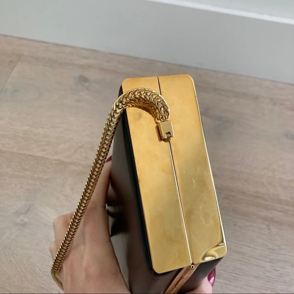 Saint Laurent Diagonal Leather Minaudière Clutch Black Gold - Picture 9 of 16